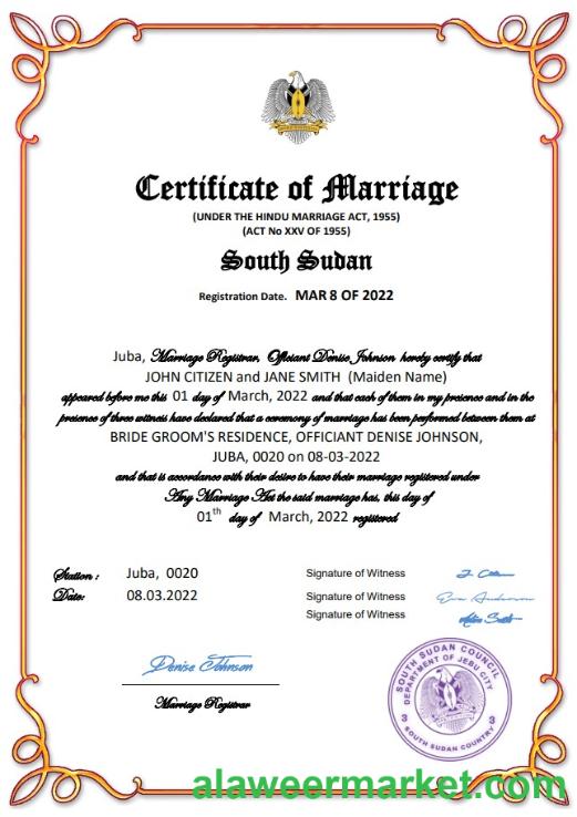 South Sudan marriage certificate Word and PDF template
